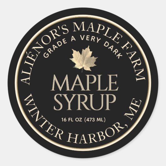 Maple Syrup Label Zwart met Goud Maple Leaf (Voorkant)