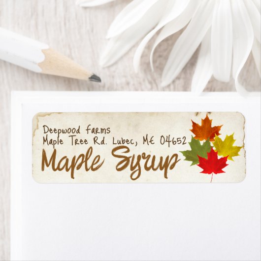 Maple Syrup met kleurrijke bladeren Kunststofstrip Etiket (Insitu)
