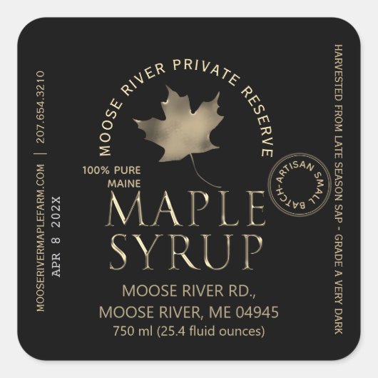 MAPLE SYRUP Private Reserve Gold Leaf Harvest Date Vierkante Sticker (Voorkant)