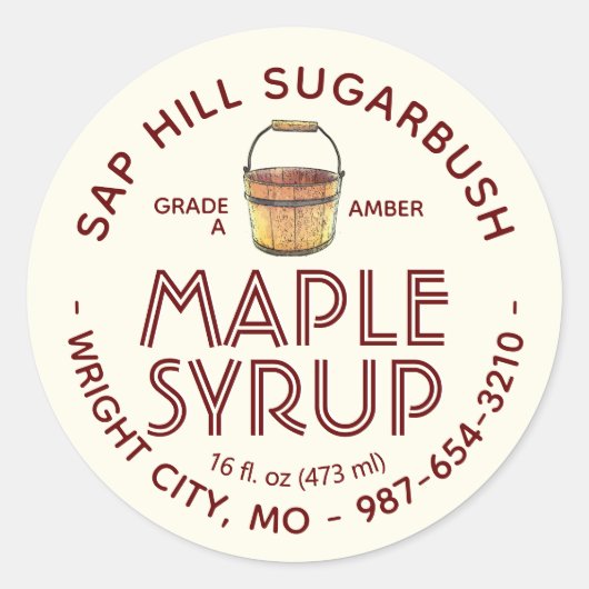 Maple Syrup Sap Bucket Red Text op artikellabel Ronde Sticker (Voorkant)
