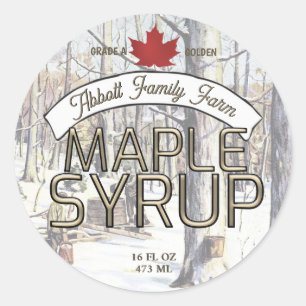 Maple Syrup Tapping in Snowy Forest Scene Red Leaf Ronde Sticker