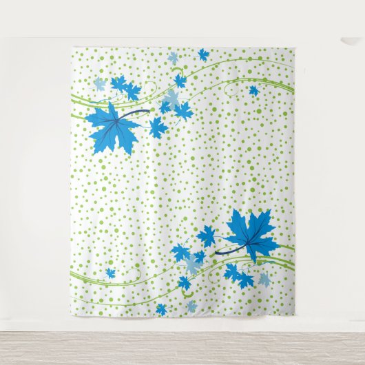 Maplebladeren blauw en groene polka-stippen wandkleed (Voorkant)