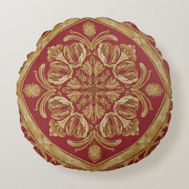 Mara Trumpet Glory Golden Red Ornate Luxury Throw  Rond Kussen (Voorkant)