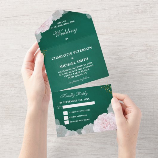  maragdgroen en blush roze pony Wedding All In One Uitnodiging (Afscheurbaar)