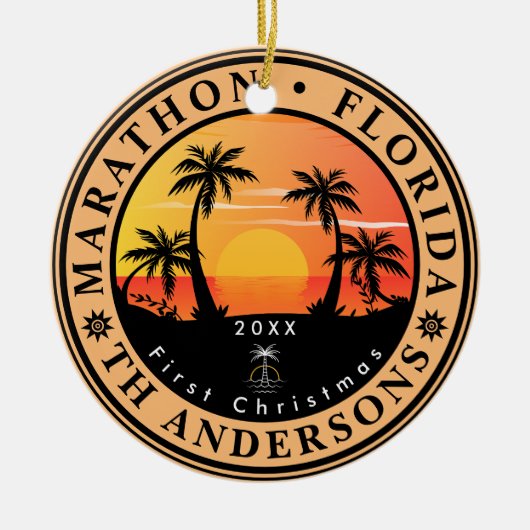 Marathon Florida Retro Sunset Palm Tree 80s Keramisch Ornament (Voorkant)