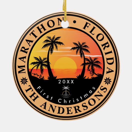 Marathon Florida Retro Sunset Palm Tree 80s Keramisch Ornament (Achterkant)
