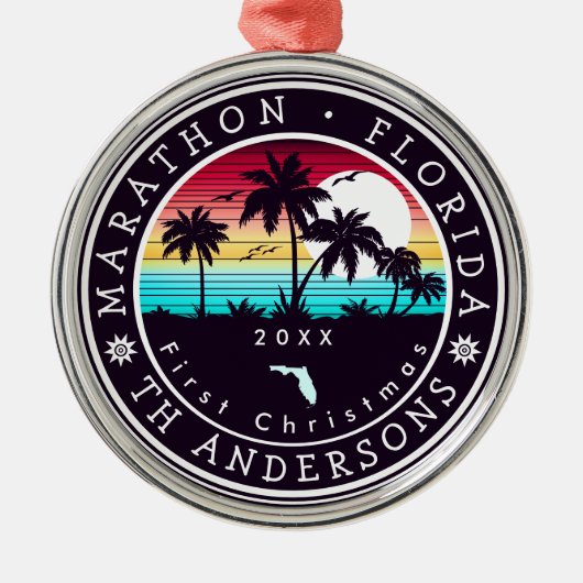 Marathon Florida Retro Sunset Palm Tree 80s Metalen Ornament (Voorkant)