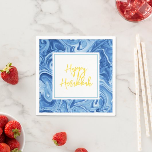 Marbelized Verf Art Blauw Happy Chanoeka Geel Servet (Insitu)