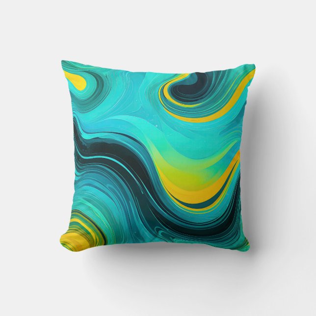 "Marbella" Blauw Gele wervelingen Golven Kussen (Voorkant)