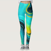 "Marbella" Blauw Gele wervelingen Golven Leggings (Voorkant)