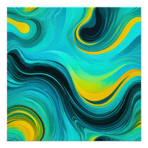 "Marbella" Blauw Gele wervelingen Golven Perfect Poster