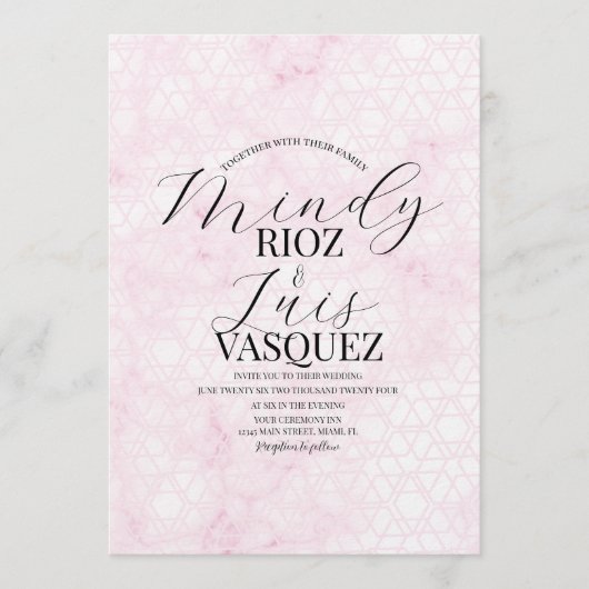 Marble Abstract Pink Wedding Script Black Kaart (Voorkant)