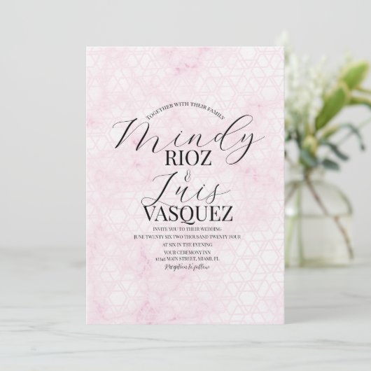 Marble Abstract Pink Wedding Script Black Kaart (Staand voorkant)
