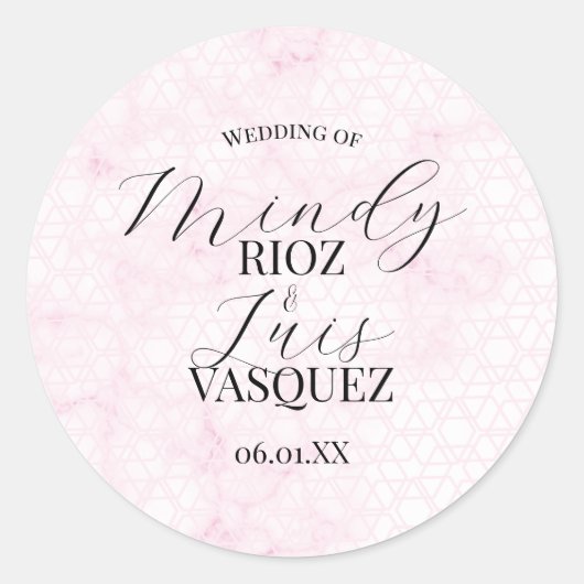 Marble Abstract Pink Wedding Script Black  Ronde Sticker (Voorkant)