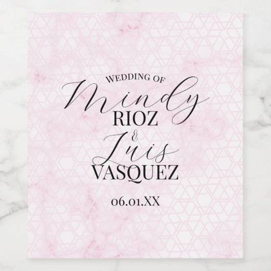 Marble Abstract Pink Wedding Script Black Wijn Etiket (Enkel label)