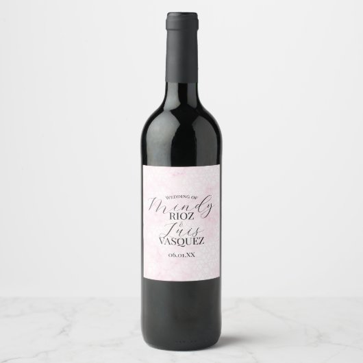 Marble Abstract Pink Wedding Script Black Wijn Etiket (Voorkant)