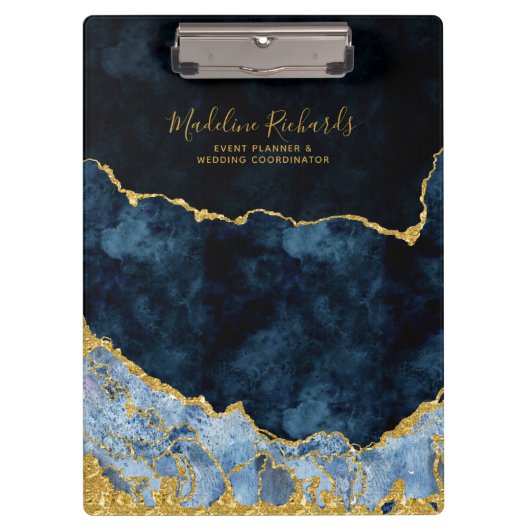 Marble Agate Gilded Navy Blue & Gold Waterverf Klembord (Voorkant)