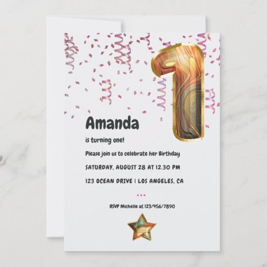 Marble Balloon 1st Birthday Uitnodiging (Voorkant)