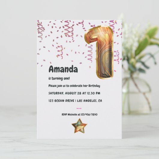 Marble Balloon 1st Birthday Uitnodiging (Staand voorkant)