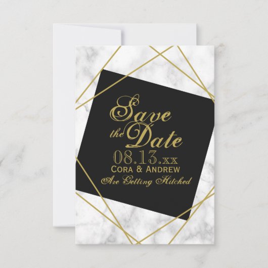 Marble Black en Faux Gold Save the Date Wedding Kaart (Voorkant)