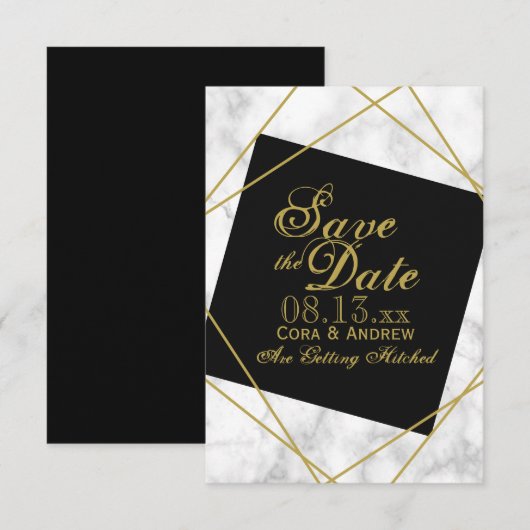 Marble Black en Faux Gold Save the Date Wedding Kaart (Voorkant / Achterkant)