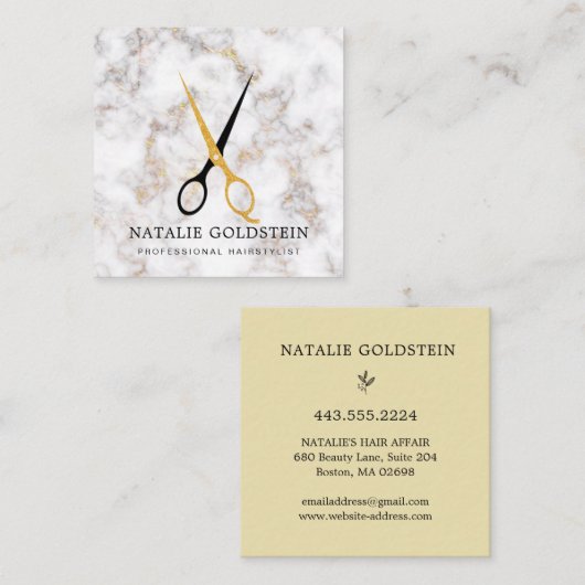 Marble Black en Gold Scissors Haarstylist Vierkante Visitekaartje (Voorkant / Achterkant)