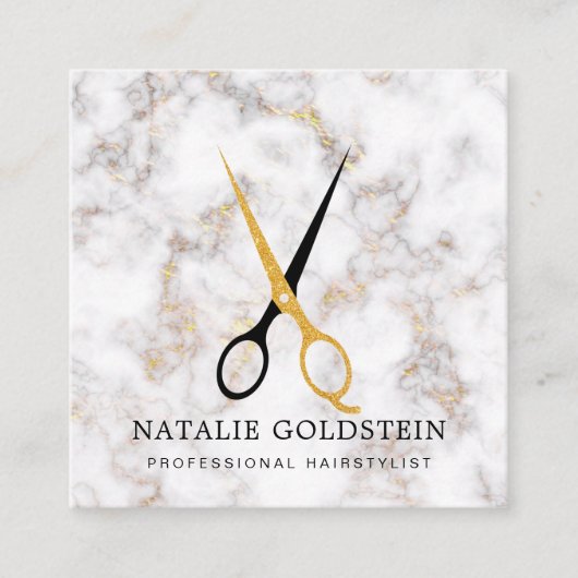 Marble Black en Gold Scissors Haarstylist Vierkante Visitekaartje (Voorkant)