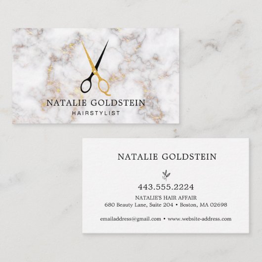 Marble Black en Gold Scissors Haarstylist Visitekaartje (Voorkant / Achterkant)