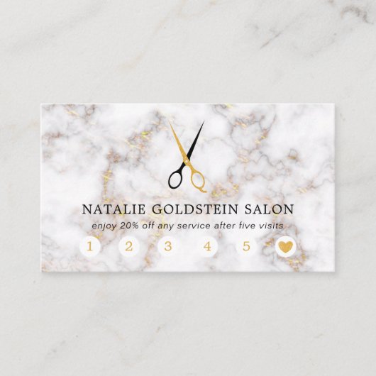 Marble Black en Gold Scissors Salon Loyalty Kaart Visitekaartje (Voorkant)