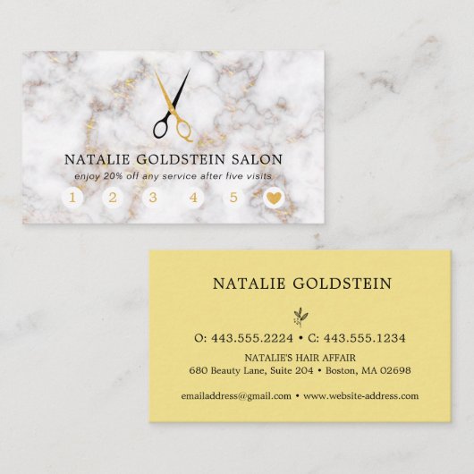 Marble Black en Gold Scissors Salon Loyalty Kaart Visitekaartje (Voorkant / Achterkant)