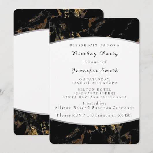 Marble Black Gold Birthday Party Silver Kaart (Voorkant / Achterkant)