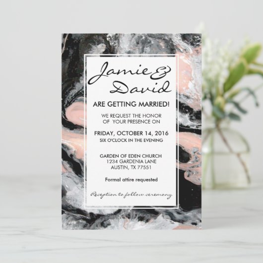 Marble Black White Blush Weddenschap Kaart (Staand voorkant)