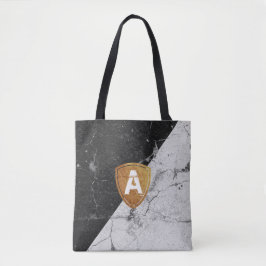 Marble Black White met gepersonaliseerd Monogram T Tote Bag