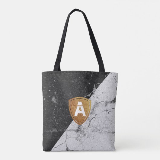 Marble Black White met gepersonaliseerd Monogram T Tote Bag (Achterkant)