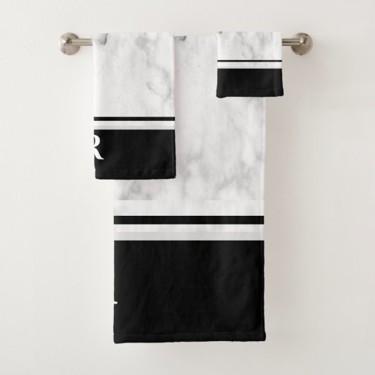 Marble Black White Striped Monogram Initiaal Bad Handdoek (Insitu)