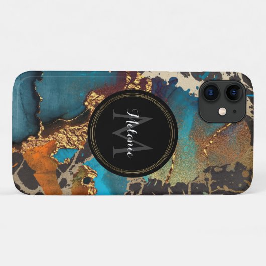 Marble Blauwgroen Gold Black Waterverf Naam Monogr Case-Mate iPhone Case (Achterkant (horizontaal))