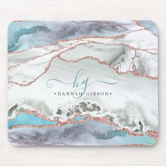 Marble Blauwgroen Roos Gold Glitter Script Monogra Muismat (Voorkant)