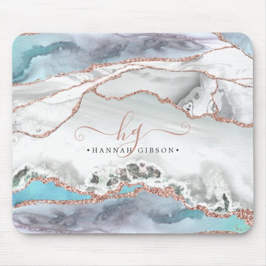Marble Blauwgroen Roos Gold Glitter Script Monogra Muismat (Voorkant)