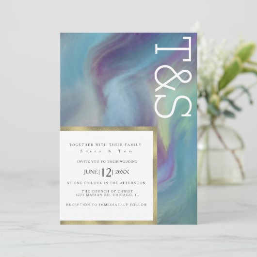 Marble Blue Paars Wash Typography Wedding Kaart (Staand voorkant)