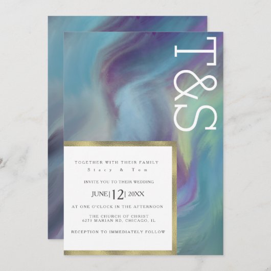 Marble Blue Paars Wash Typography Wedding Kaart (Voorkant / Achterkant)