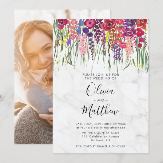 Marble Boho Acrylic Flowers Foto Weddenschap Kaart (Voorkant / Achterkant)