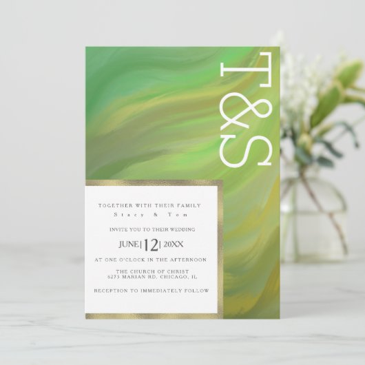 Marble Bold Green Forest Typography Wedding Kaart (Staand voorkant)