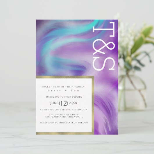 Marble Bold Mint Paars Blue Typography Wedding Kaart (Staand voorkant)