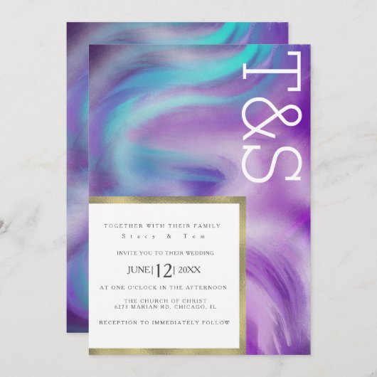 Marble Bold Mint Paars Blue Typography Wedding Kaart (Voorkant / Achterkant)