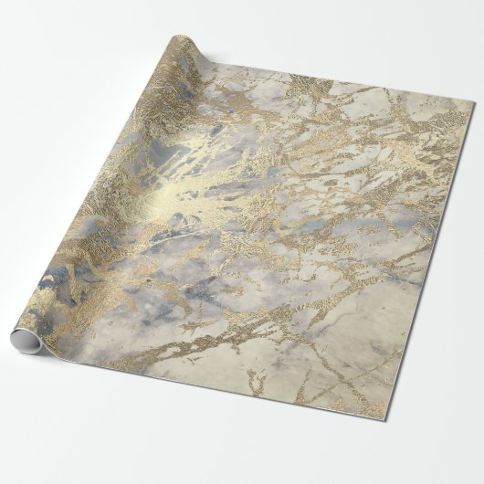Marble Champaigne Gold Grey Blue Metal Stroke Cadeaupapier (Uitgerold)
