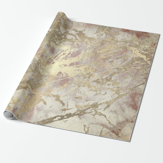 Marble Champaigne Gold Grey Roos Metal Stroke Cadeaupapier (Uitgerold)