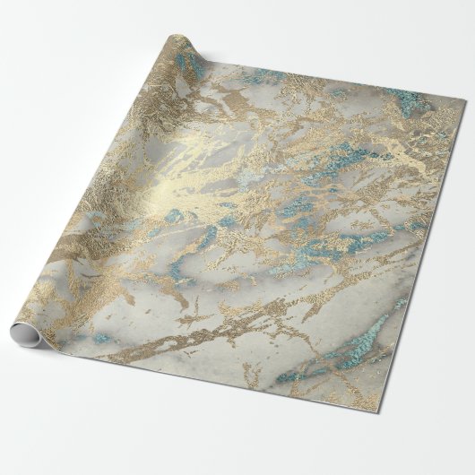 Marble Champaigne Gold Sepia Blue Metal Strokes Cadeaupapier (Uitgerold)