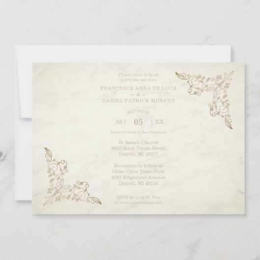 Marble Chic Golden Lace Romantic Couple Wedding Kaart (Achterkant)