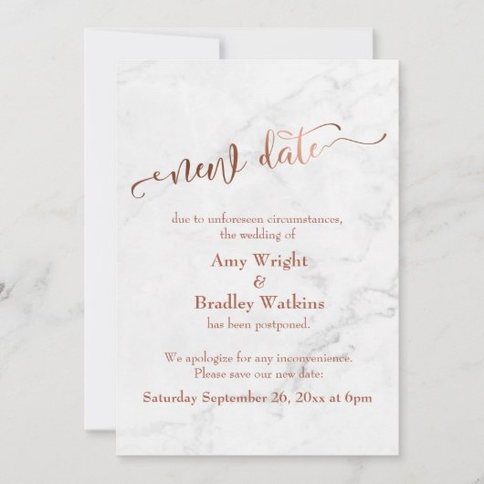 Marble Copper Postponed Wedding "New Date" Kaart (Voorkant)