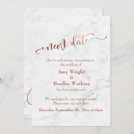 Marble Copper Postponed Wedding "New Date" Kaart (Voorkant / Achterkant)